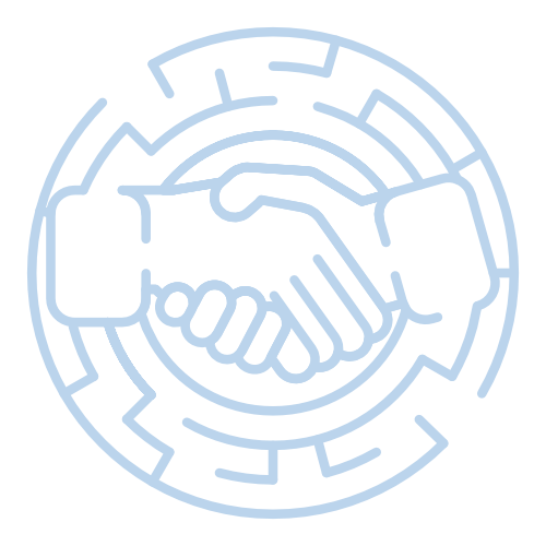 Gear-shaped maze with two hands shaking in the center. 